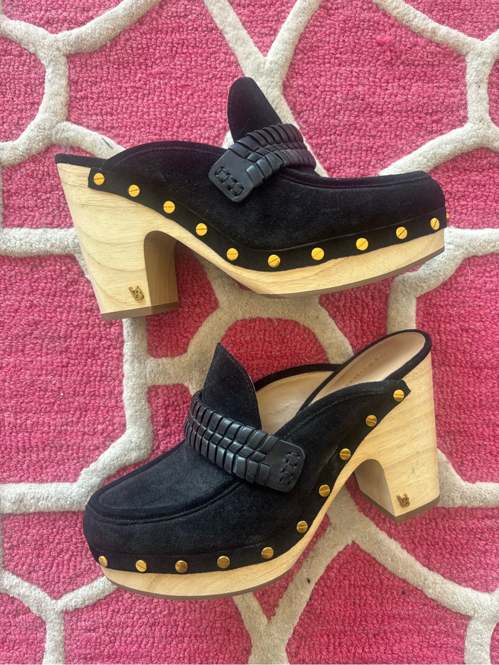 VERONICA BEARD - Black Suede Platform Clog Heels with Wood Sole